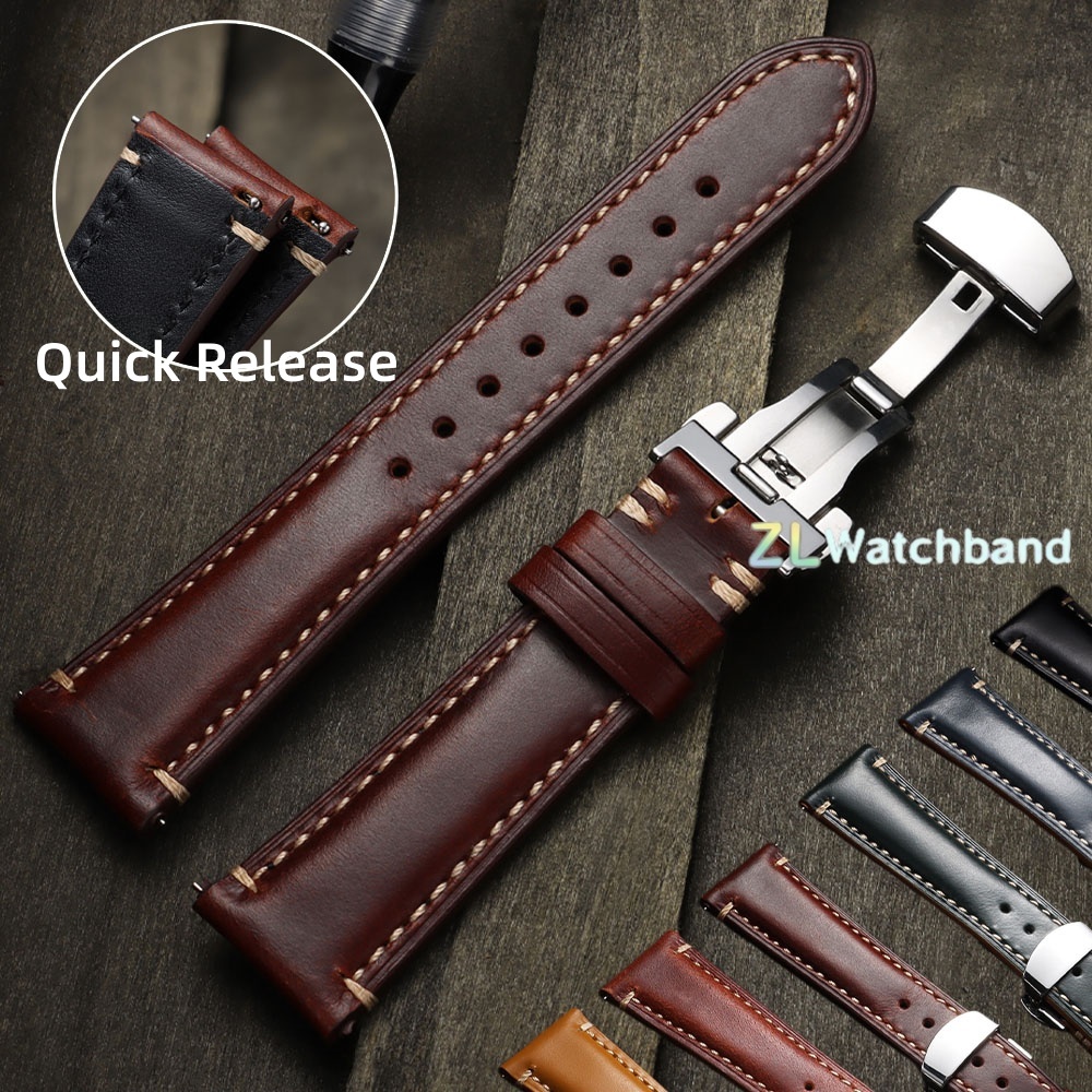Leather Strap Quick Release - Butterfly Buckle Vintage Leather Strap 20mm