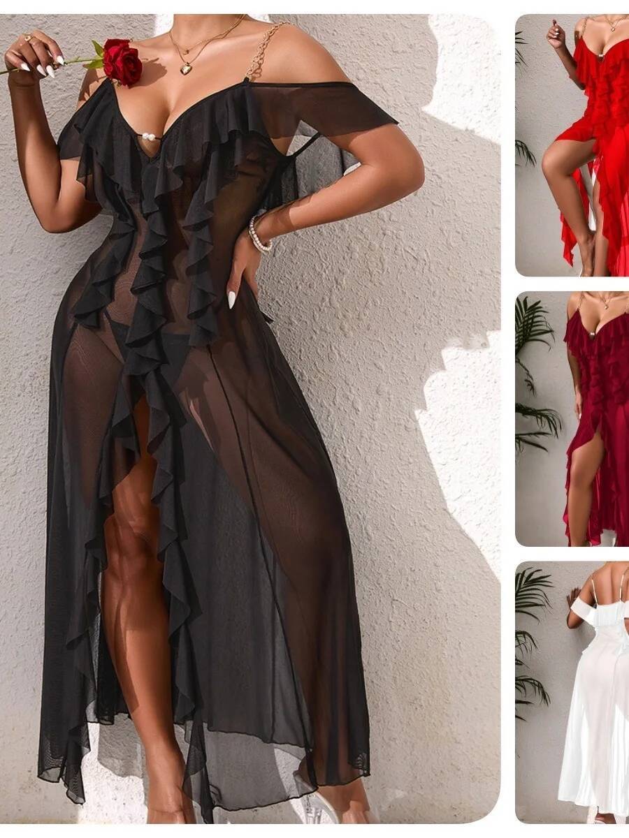 Solid Color Mesh Nightdress Wi - Mesh Strap Metal recensione e prezzo